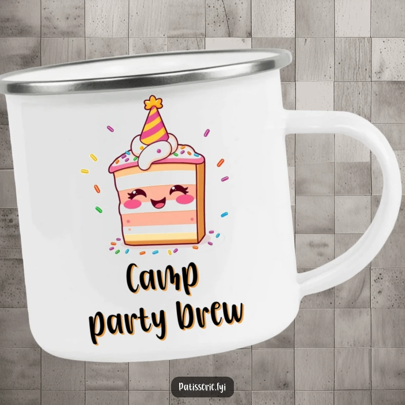 Funny camping mug featuring a smiling slice of cake wearing a party hat and juggling sprinkles, ready for festivities.