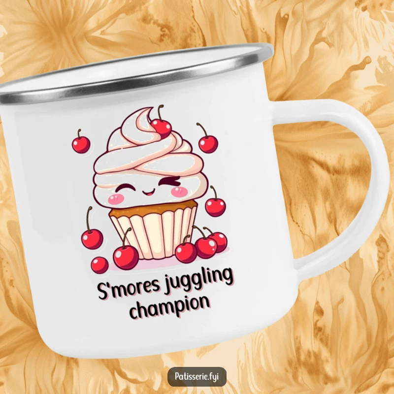 Funny Kawaii Cupcake Camping Mug showing a cute cupcake winking and juggling cherries, perfect for enjoying beverages during outdoor adventures.