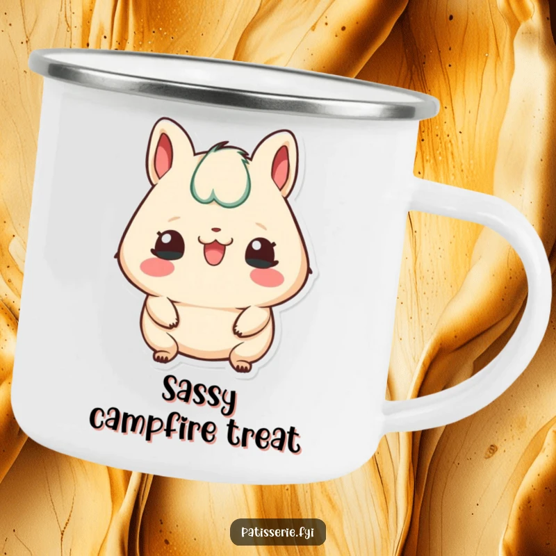 Funny camping mug featuring a petit four character sticking its tongue out playfully, perfect for cheeky outdoor moments.