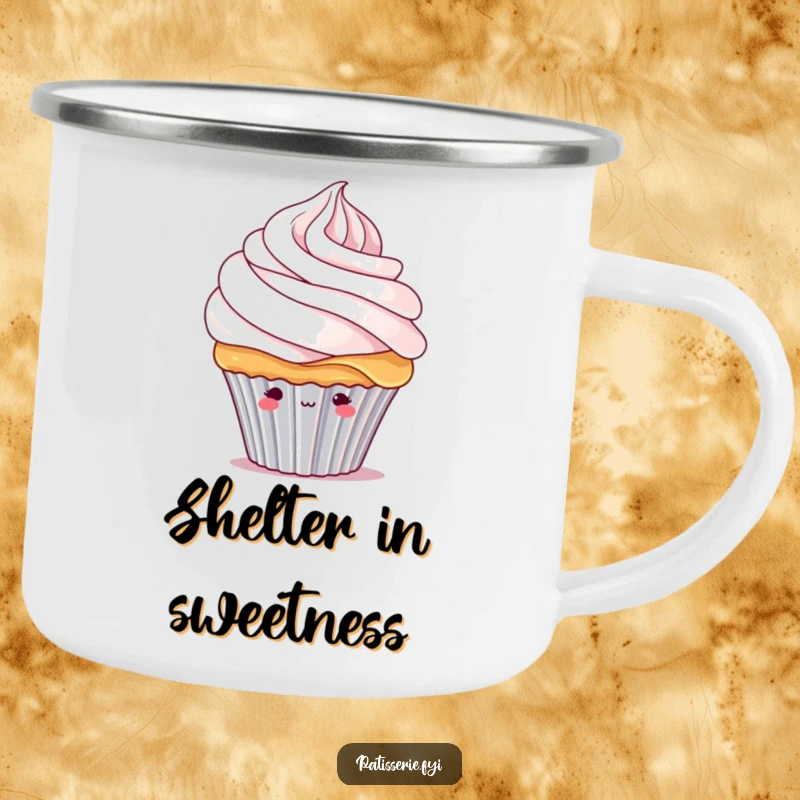 Funny shy cupcake camping mug featuring a bashful cupcake peeking from under a large whipped cream swirl, ready for hot drinks.