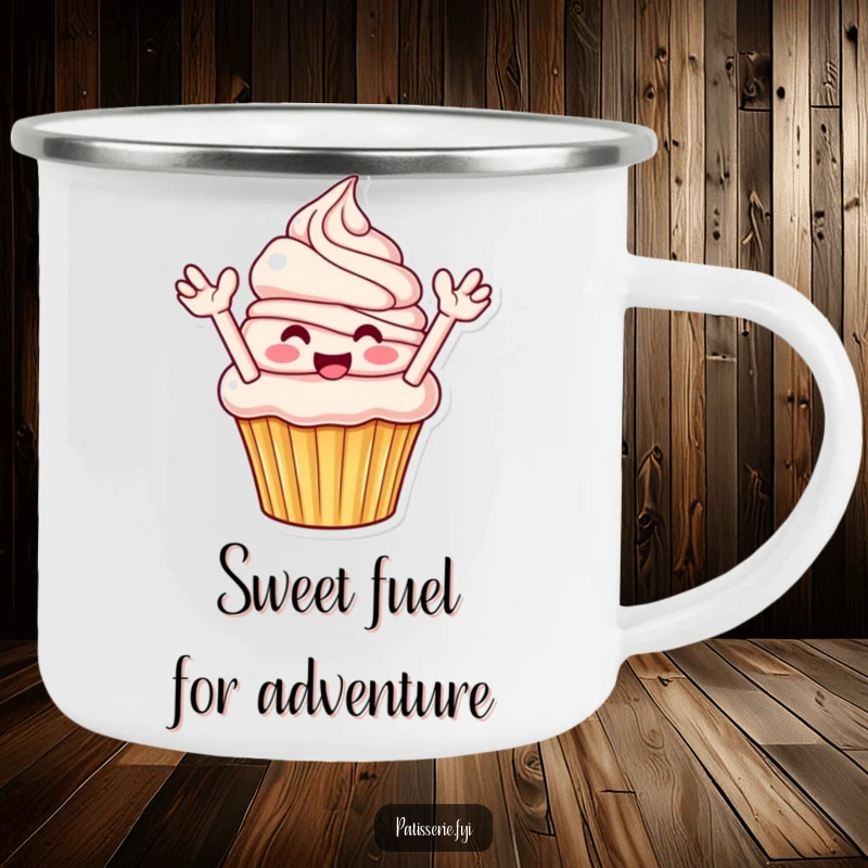 Funny Cupcake Camping Mug: A smiling cupcake flinging frosting, perfect for enjoying sweet moments outdoors.