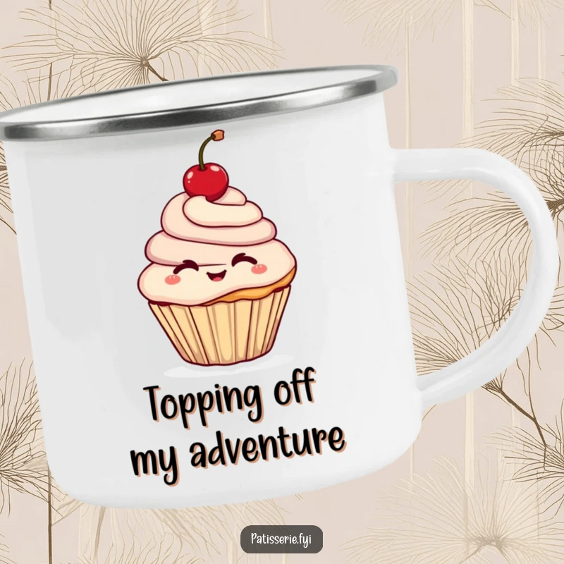 Funny camping mug with a cheerful cupcake character winking while holding a cherry aloft, ready for outdoor enjoyment.