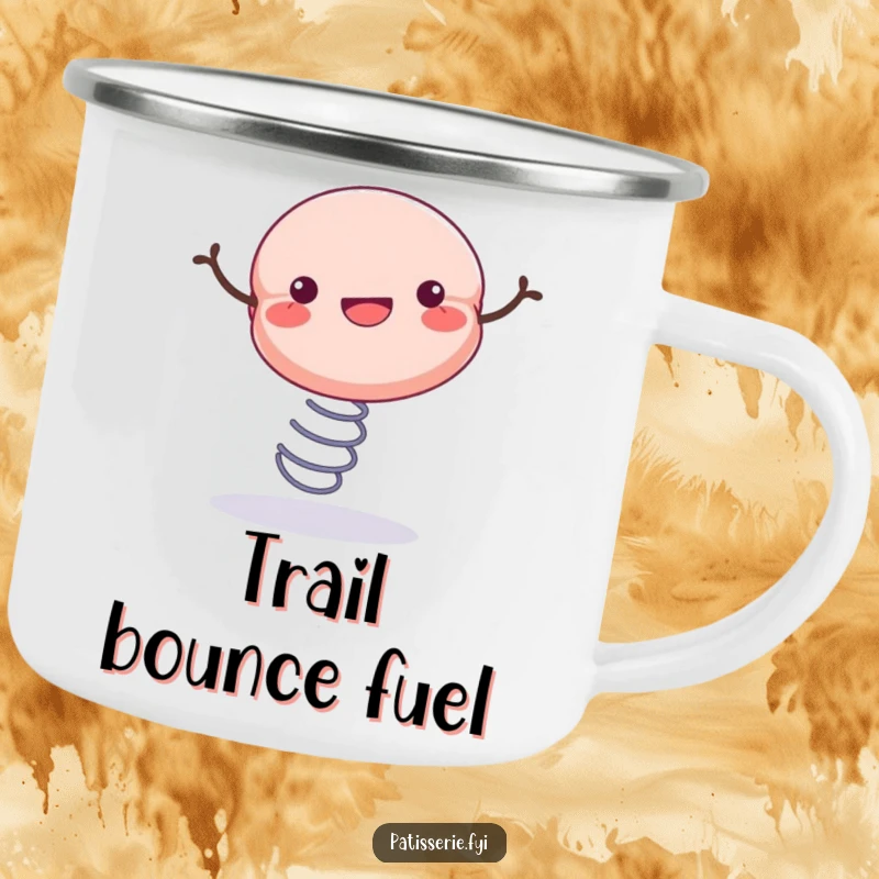 Funny, sturdy camping mug featuring a cheerful macaron bouncing enthusiastically on a spring, ideal for outdoor use.