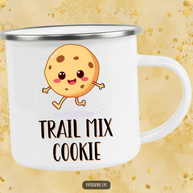 Funny cheerful cookie camping mug featuring a happy skipping character with legs and a sugar sprinkle trail, ideal for outdoors.
