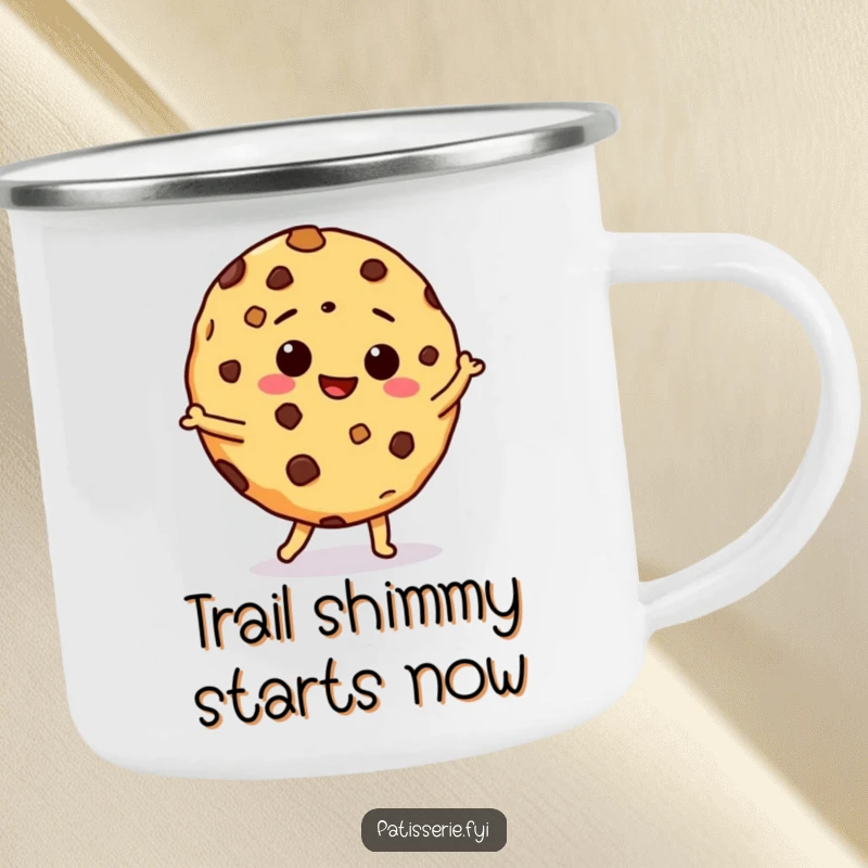 Funny camping mug with a giddy chocolate chip cookie doing a hilarious silly dance, perfect for sipping coffee in nature.