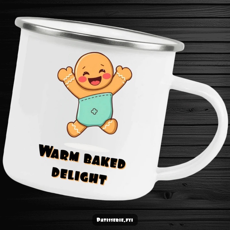 Funny camping mug with a grinning gingerbread man jumping from an oven mitt, ready for outdoor adventures.