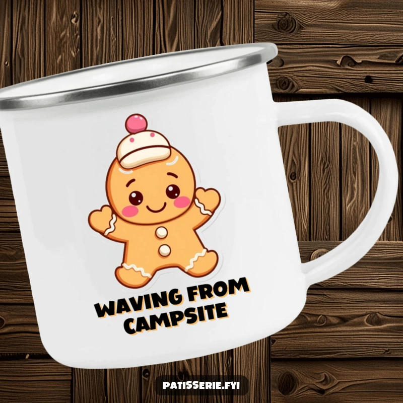 Funny gingerbread cookie camping mug with a smiling character waving hello, wearing a jaunty cap, perfect for al fresco enjoyment.