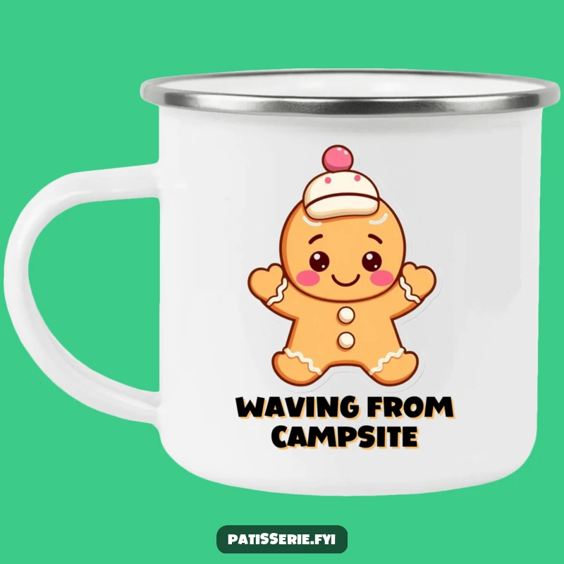Funny Gingerbread Cookie Camping Mug: Waving Character, Jaunty Cap - Outdoor Gift