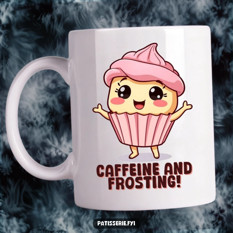 Funny giddy cupcake mug featuring a dancing dessert character with wide eyes, spreading infectious joy and humor.