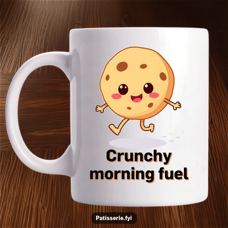 Funny cheerful cookie mug with a skipping character leaving a sugar sprinkle trail, embodying pure, sweet happiness.
