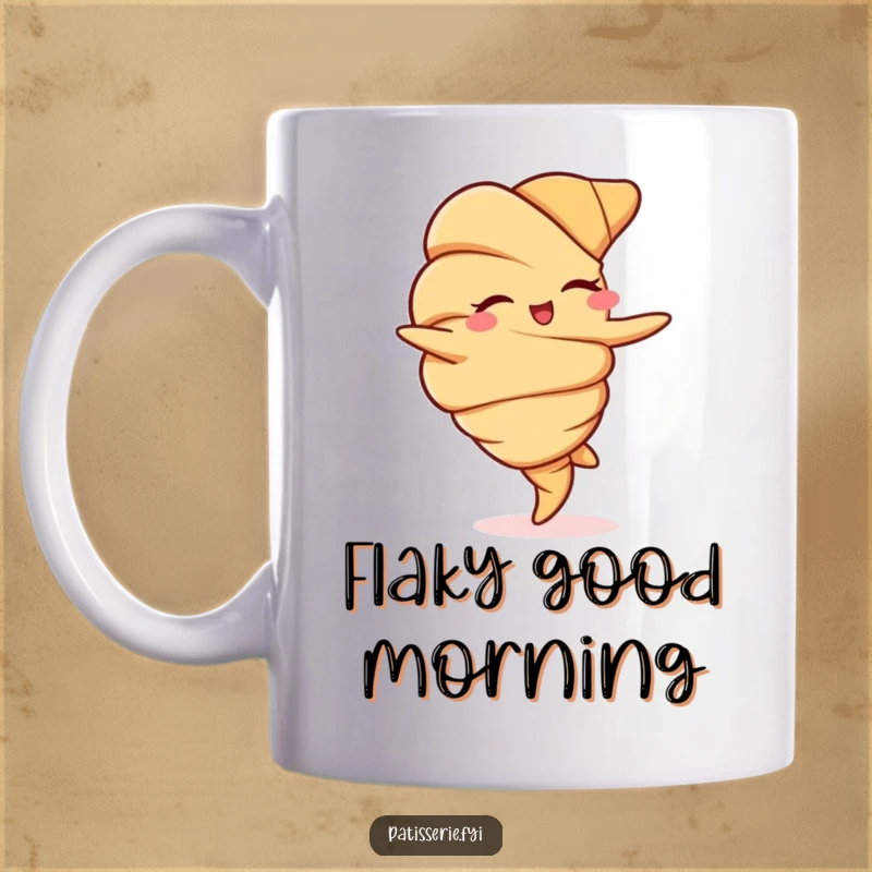 Funny mug featuring a charming croissant winking while performing a delightful cartwheel with energetic flair.