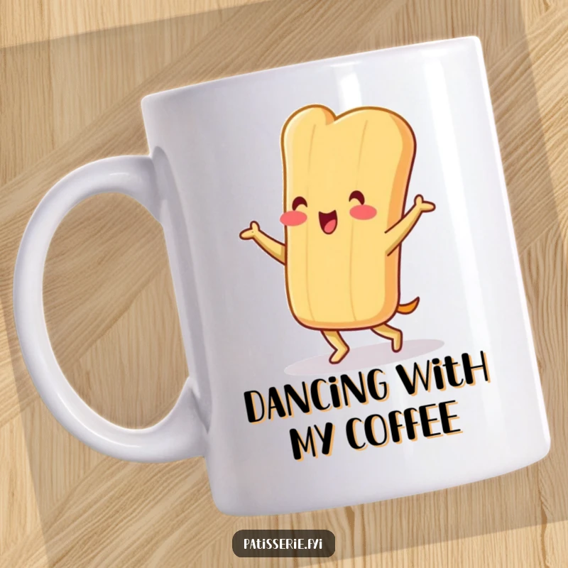 Funny baguette character mug, cheerful and lively, doing a silly little jig, bringing joy and movement.