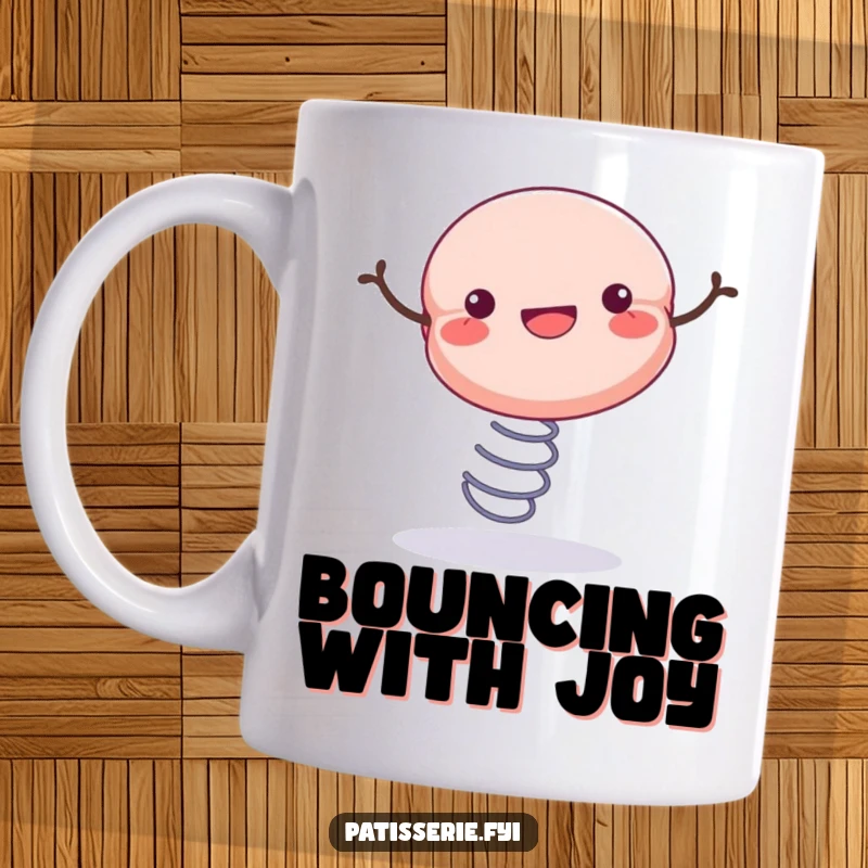 Funny mug featuring a cheerful macaron with a wide smile, bouncing enthusiastically on a spring.
