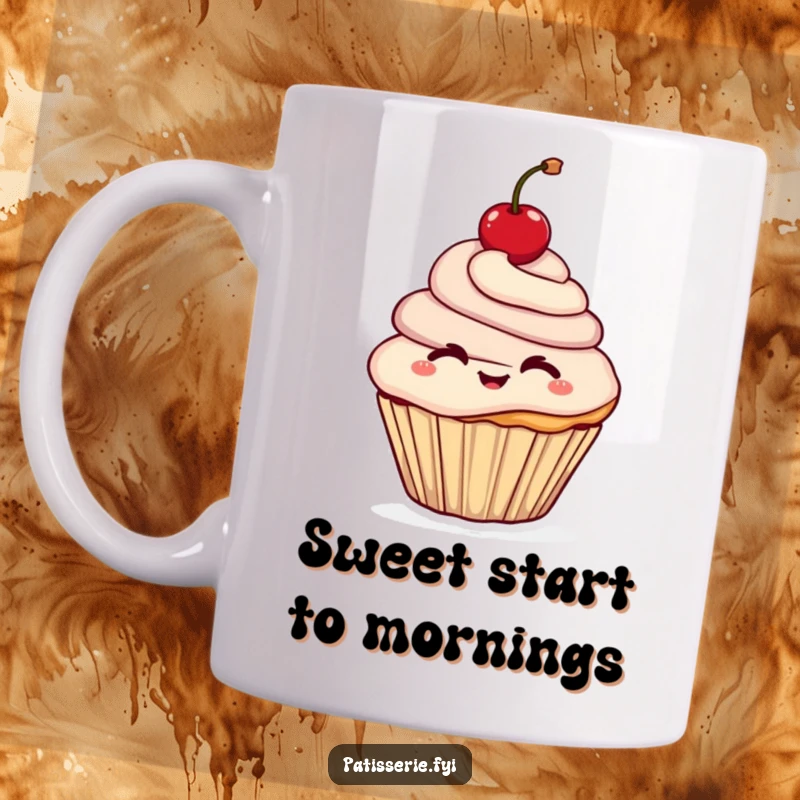 Funny mug depicting a cheerful cupcake character winking playfully while proudly holding a bright red cherry perfectly balanced atop.