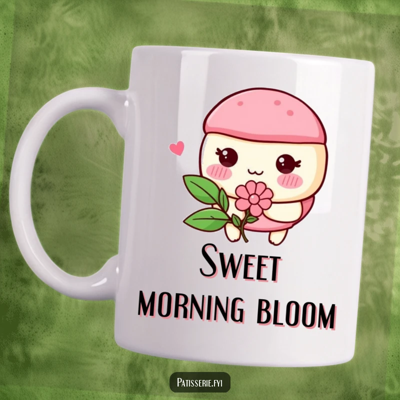 Funny macaron character with rosy cheeks blushing and holding a flower, perfect for a sweet and humorous mug.