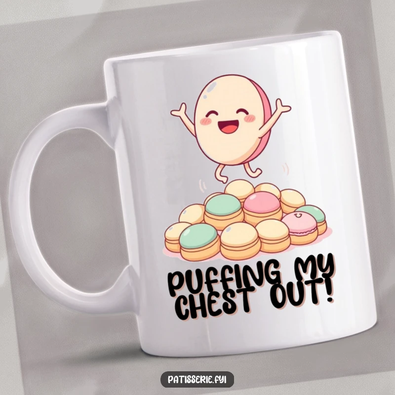 Funny macaron mug with a smiling macaron character joyfully leaping over a pile of cream puffs, celebrating sweet success.