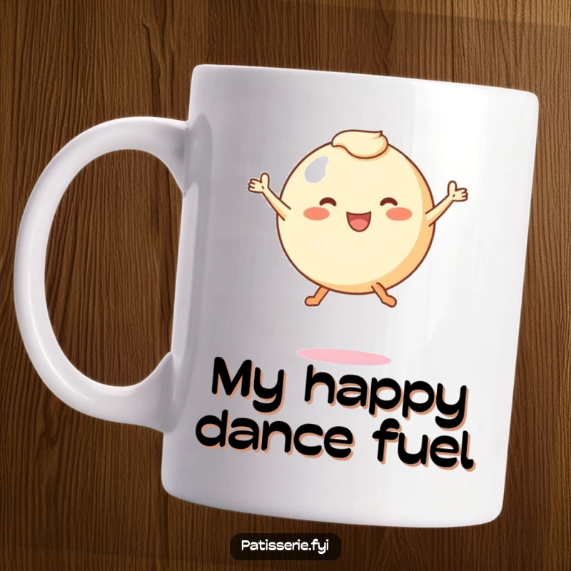 Funny mug featuring a round, leggy pastry character leaping joyfully mid-air, embodying pure happiness and energetic fun.