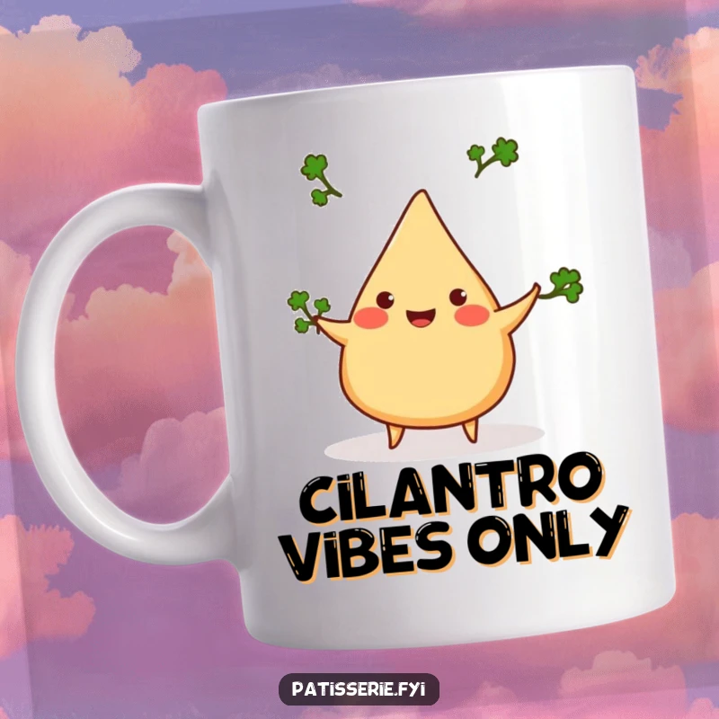 Funny samosa mug, cheerful expression, juggling three tiny cilantro sprigs, vibrant Indian food humor, perfect gift.
