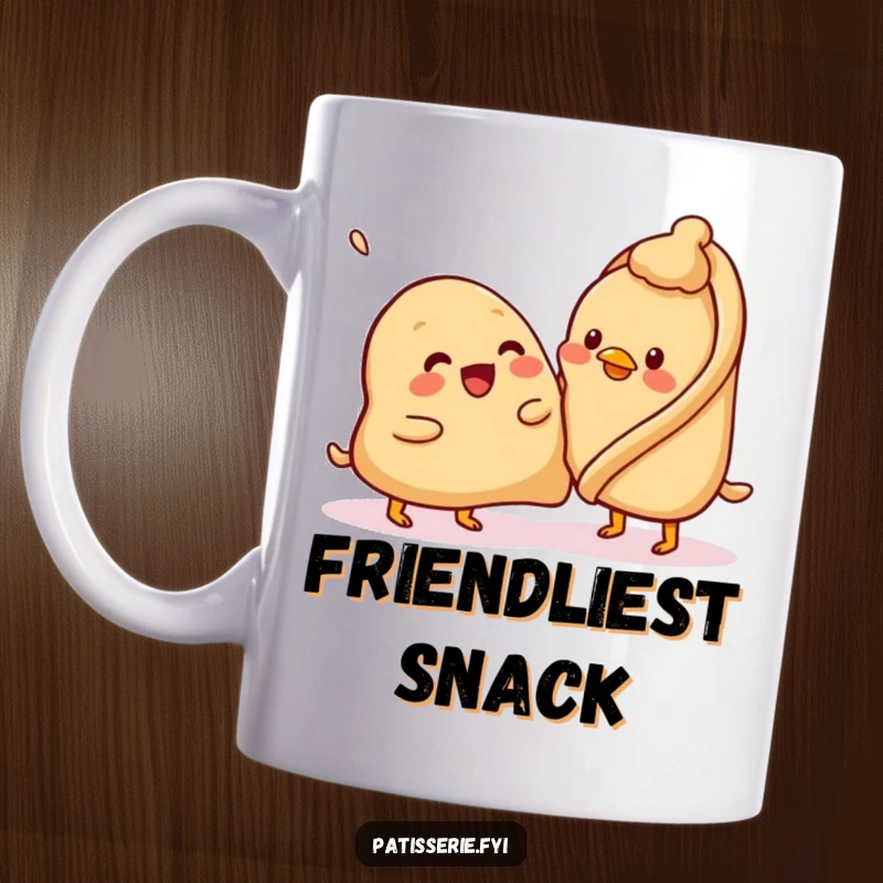 Funny samosa mug, beaming, attempting to pat a confused chickpea, cute and humorous snack interaction art.