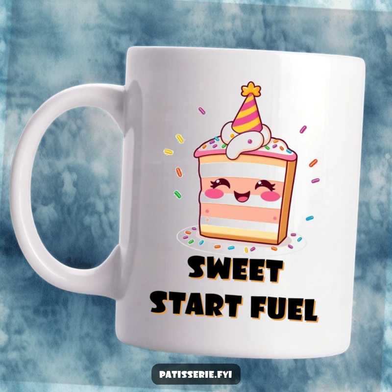 Funny mug featuring a smiling slice of cake wearing a party hat and juggling colorful sprinkles, full of festive fun.