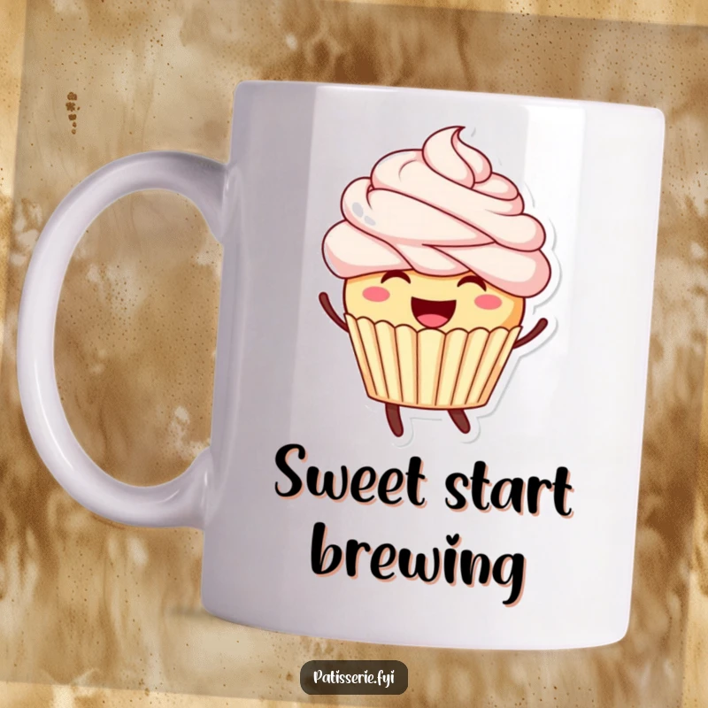 Funny mug featuring a smiling cupcake with colorful frosting hair leaping with pure happiness and delight.