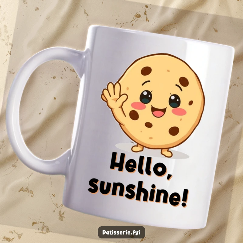 Funny Mug: A smiling cookie character waving both hands with infectious enthusiasm and a friendly, approachable vibe.