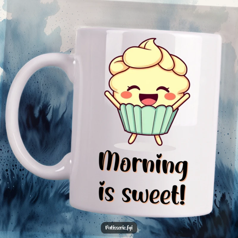 Funny cupcake mug featuring a smiling cupcake with colorful frosting hair joyfully leaping in the air.