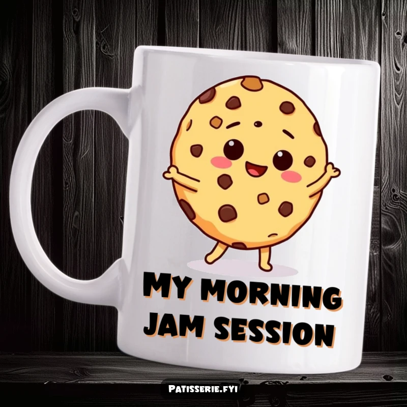 Funny cookie mug with chocolate chips doing a giddy, silly dance, radiating pure joy and playful energy, a perfect humorous gift.