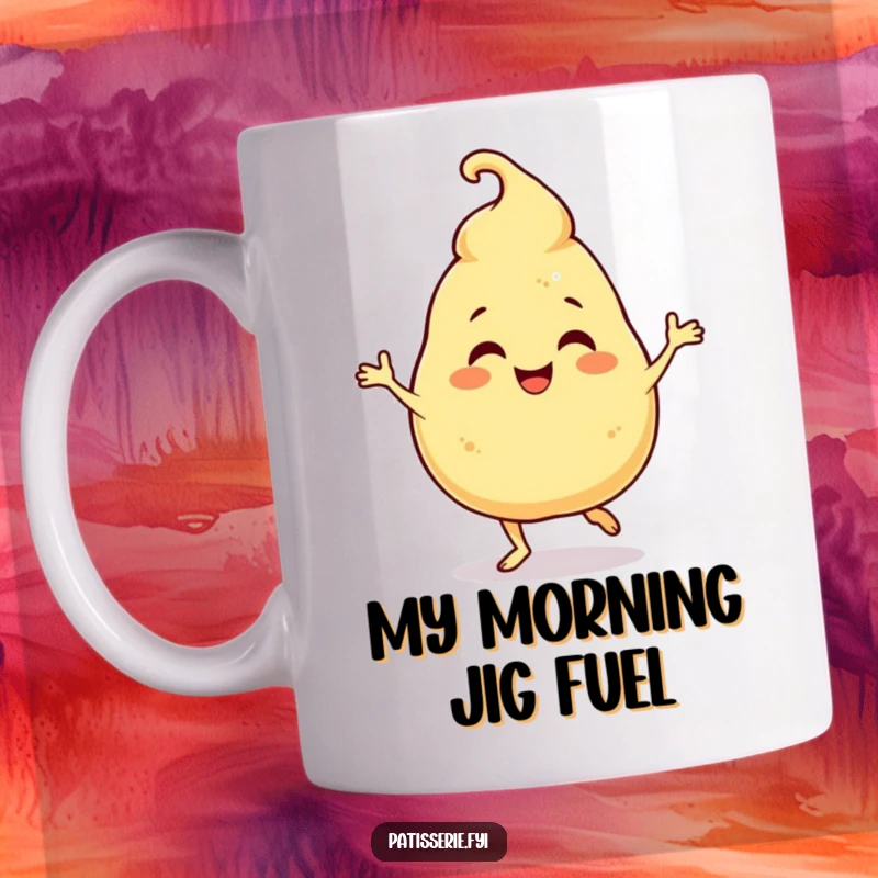 Funny Mug: A giggling profiterole character humorously doing a joyful jig, conveying pure, sweet happiness.