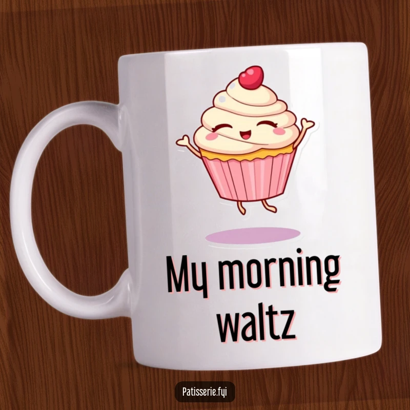 Funny mug featuring a cupcake character with eyes closed, spinning joyfully mid-dance, embodying carefree happiness and sweet delight.