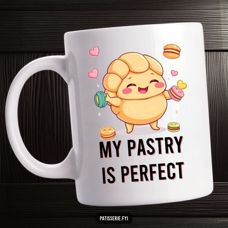 Funny Croissant Mug with a plump croissant character giggling and juggling macarons, perfect for coffee and pastry lovers.