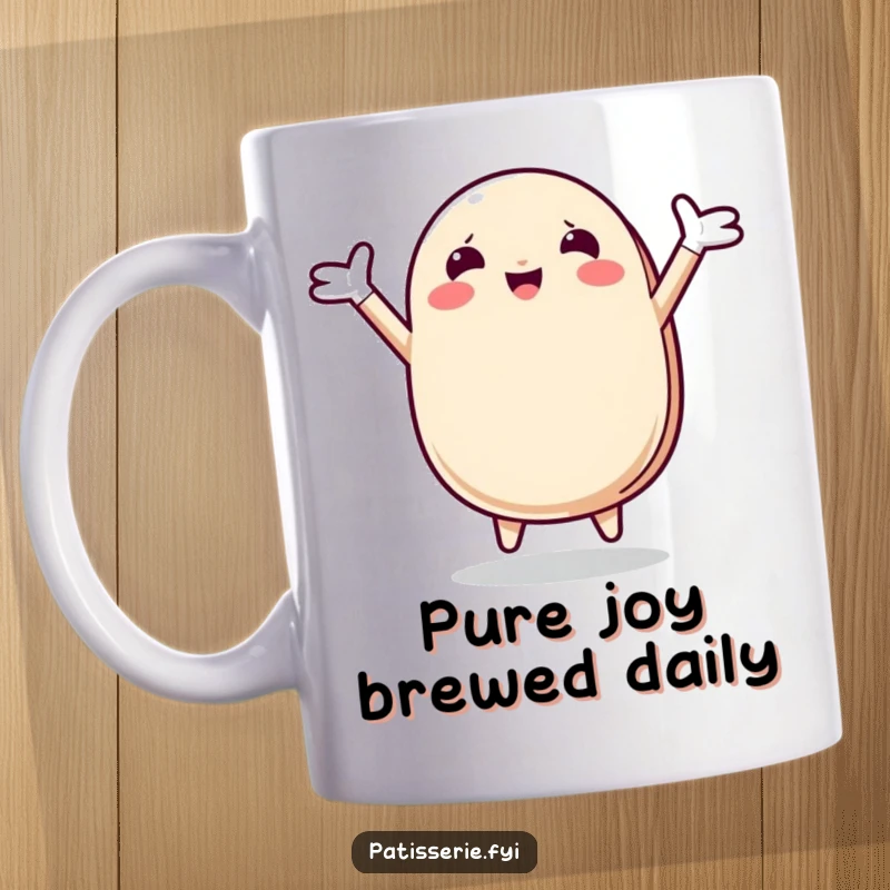 Funny Macaron Mug featuring a cheerful macaron character leaping joyfully with arms wide open in delight, celebrating happiness.