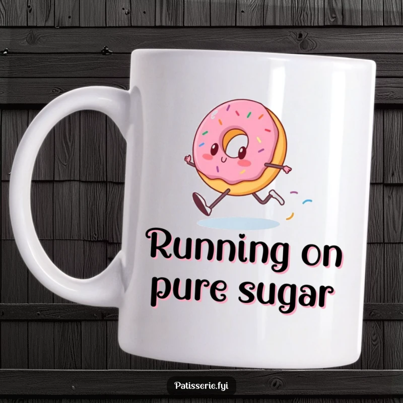 Funny Donut Mug: A happy donut runs fast, leaving a sprinkle trail, symbolizing energetic and funny pursuits.
