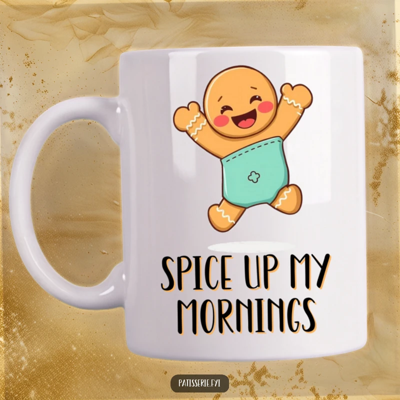 Funny gingerbread man mug featuring a grinning character joyfully jumping from an oven mitt, full of excitement.