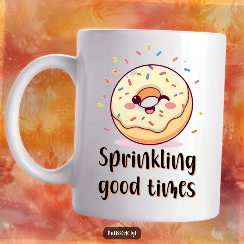 Funny mug featuring a happy donut with colorful sprinkles throwing confetti joyfully in the air.