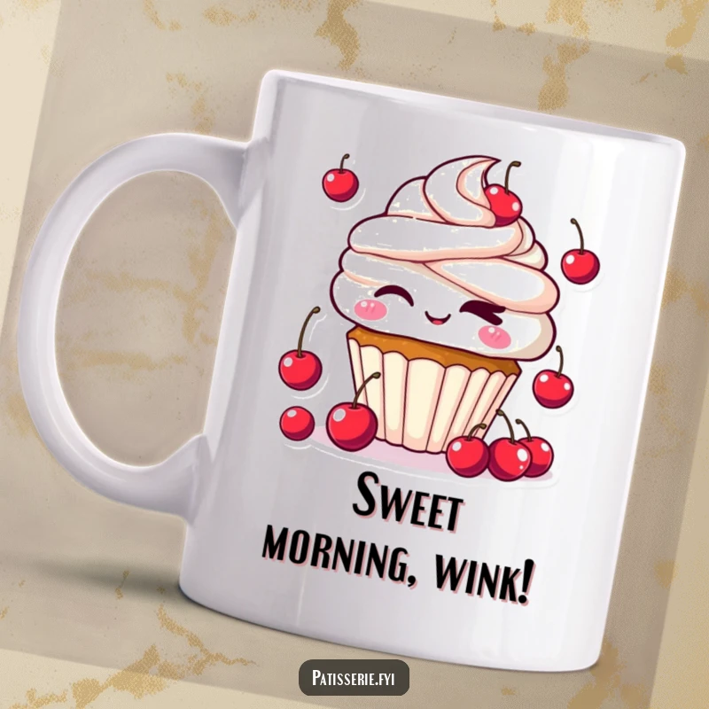 Funny Kawaii Cupcake Mug featuring a cute cupcake character winking cheekily while juggling tiny cherries, radiating playful sweetness.