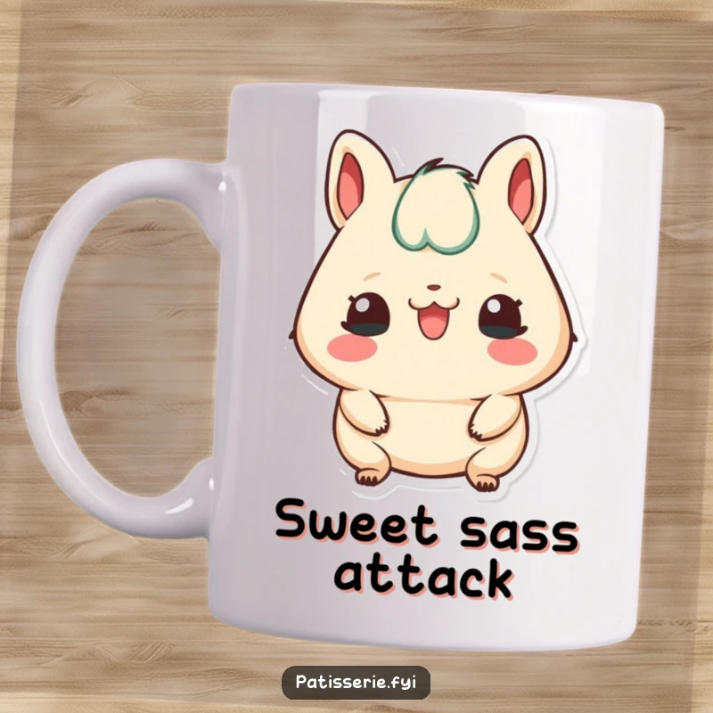 Funny mug featuring a petit four character playfully sticking its tongue out in a cheeky gesture.