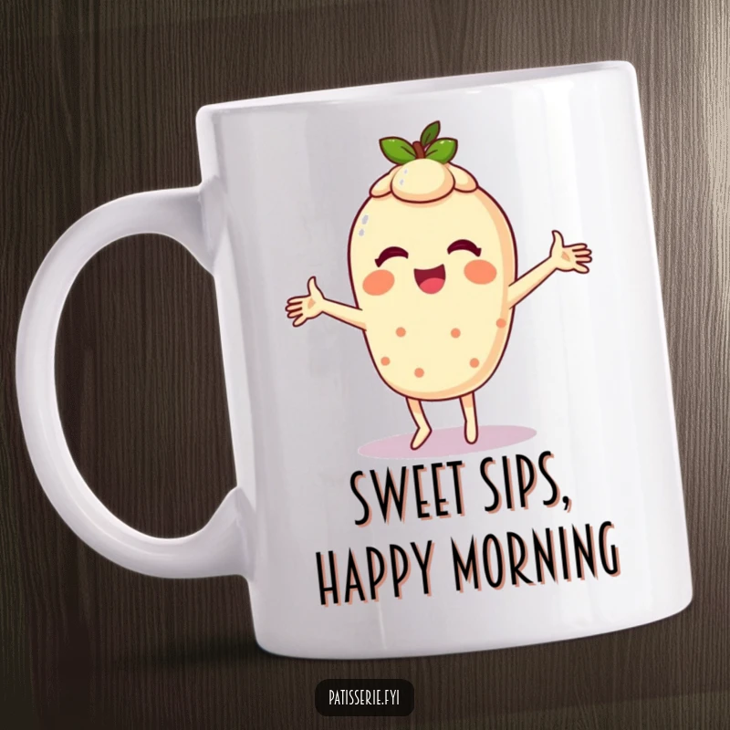 Funny mug depicting a giggling tart character performing a silly dance with arms whirling in a joyful, energetic motion.