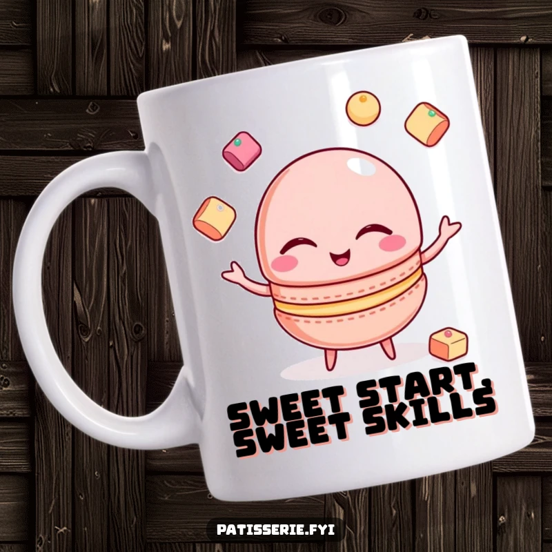 Funny Macaron Mug: A winking macaron skillfully juggles sugar cubes, showcasing sweet talent and humor.