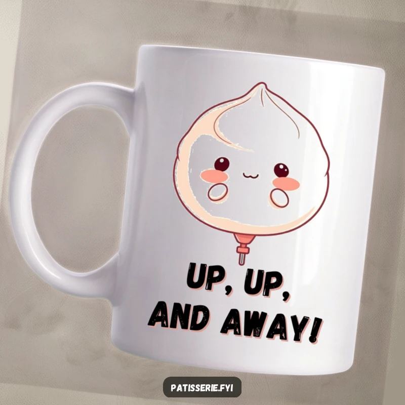 Funny meringue character puffing cheeks like a balloon ready to float away on a mug, whimsical and silly.