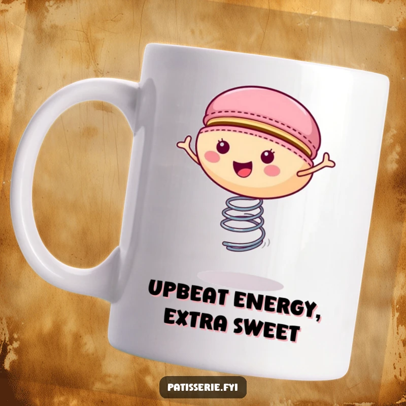 Funny macaron mug featuring a happy, colorful cookie energetically bouncing on a spring, symbolizing pure delight.