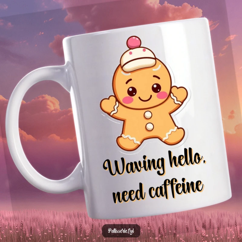 Funny gingerbread cookie mug with a smiling character waving hello, wearing a jaunty cap, spreading joy and holiday cheer.