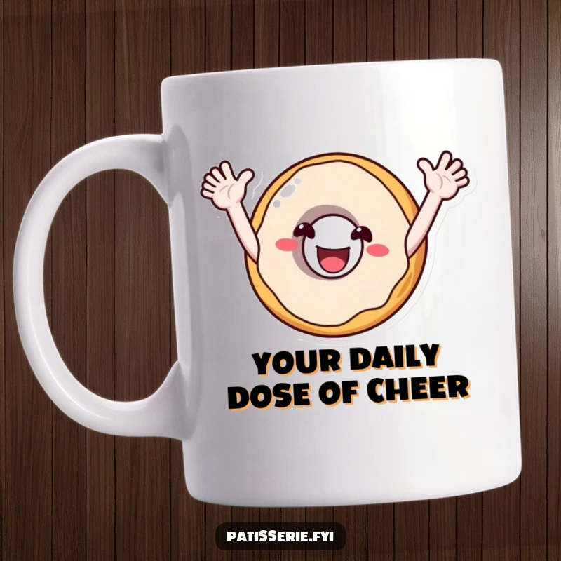 Funny mug with a smiling donut character with outstretched arms, cheering enthusiastically, embodying pure joy and sugary delight.
