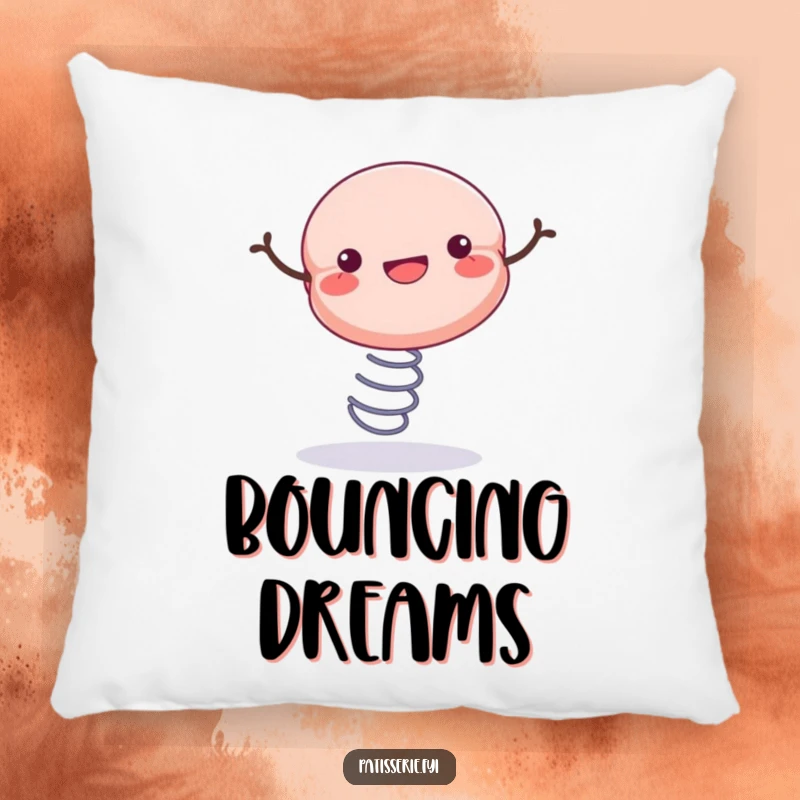 Funny decorative pillow featuring a cheerful macaron bouncing energetically on a spring, perfect for adding comfort and joy.