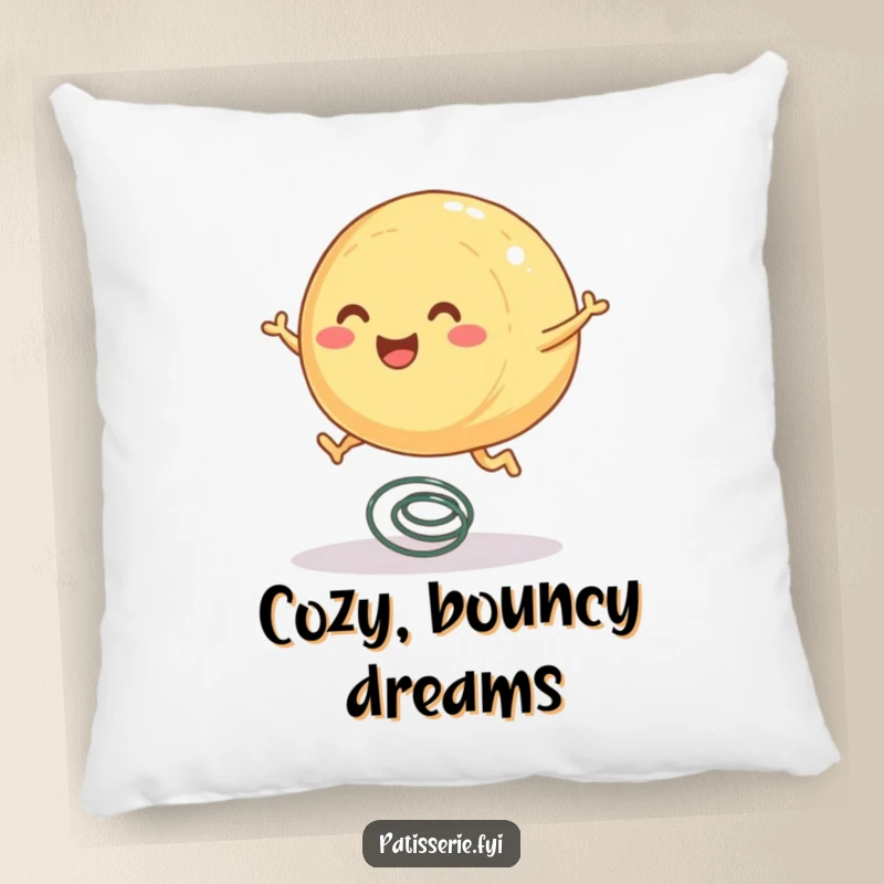 Funny pastry pillow featuring a round, smiling pastry character with tiny legs joyfully bouncing on a spring.
