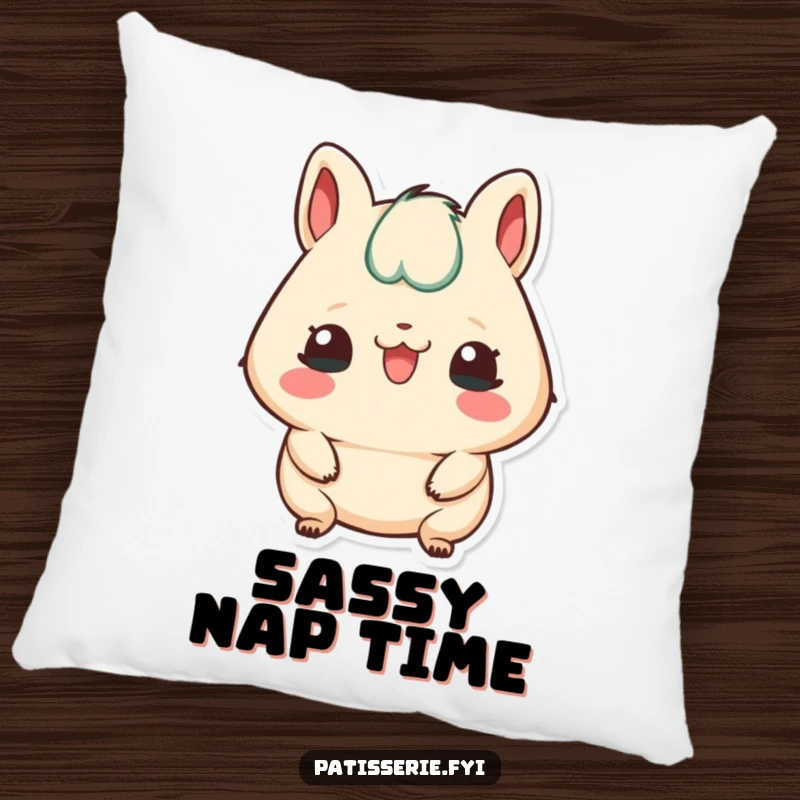 Funny pillow featuring a petit four character sticking its tongue out playfully, offering cheeky comfort.