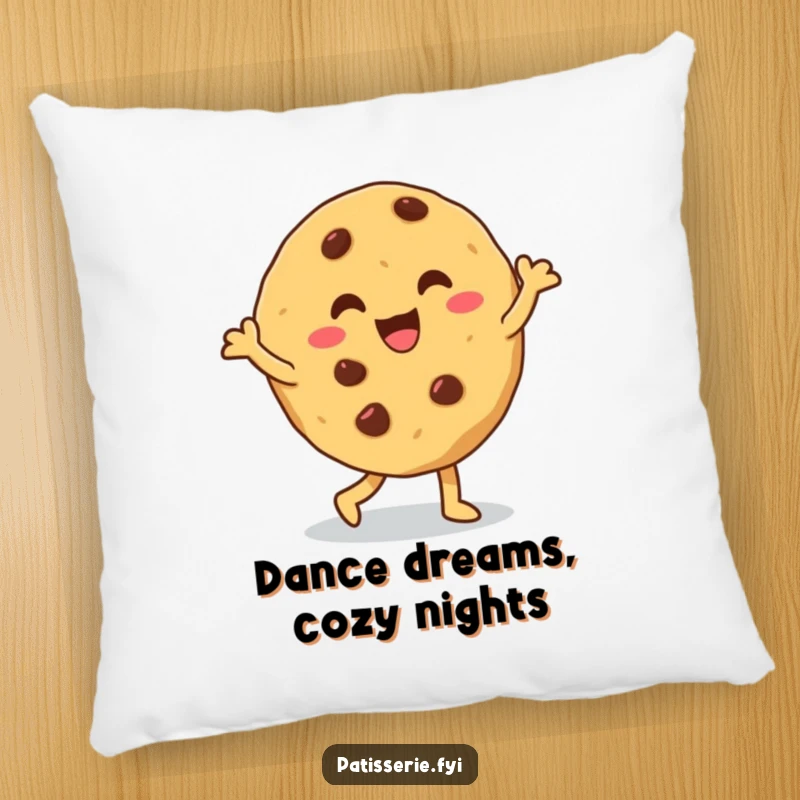 Funny cookie pillow displaying a giddy, chocolate chip cookie doing a silly dance, offering comfort and a playful aesthetic.
