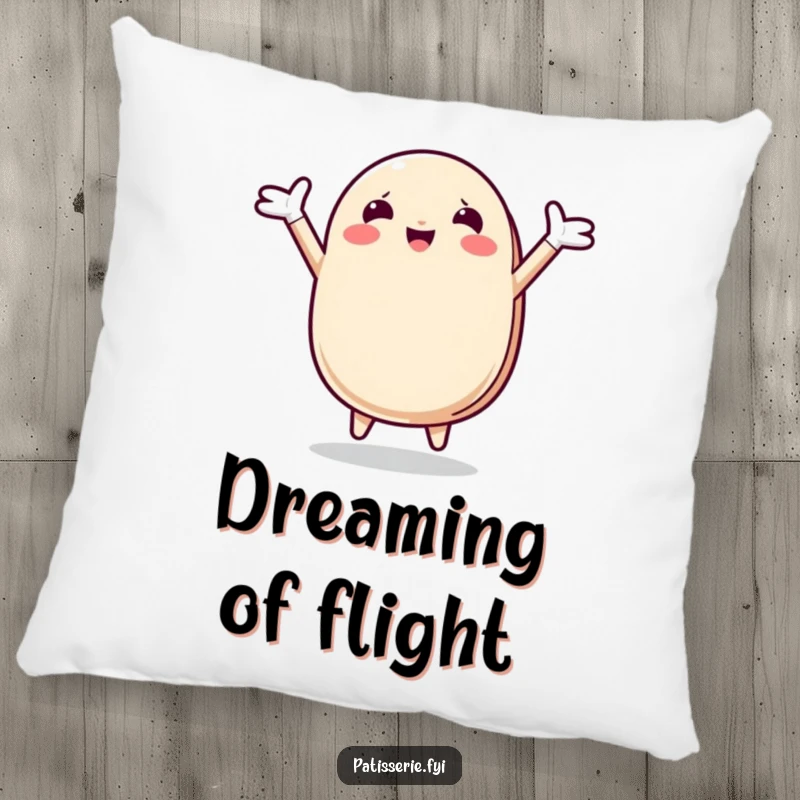 Funny Macaron Pillow with a joyful macaron character captured in a lively leap, arms outspread, radiating happiness and comfort.