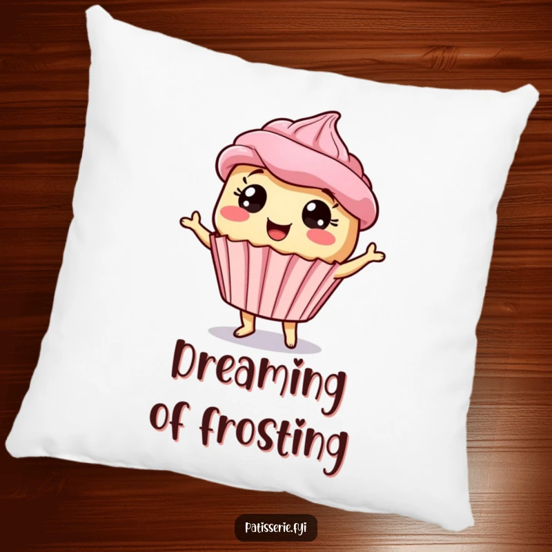 Funny giddy cupcake pillow with a dancing dessert character with wide eyes, a soft and humorous decorative piece.