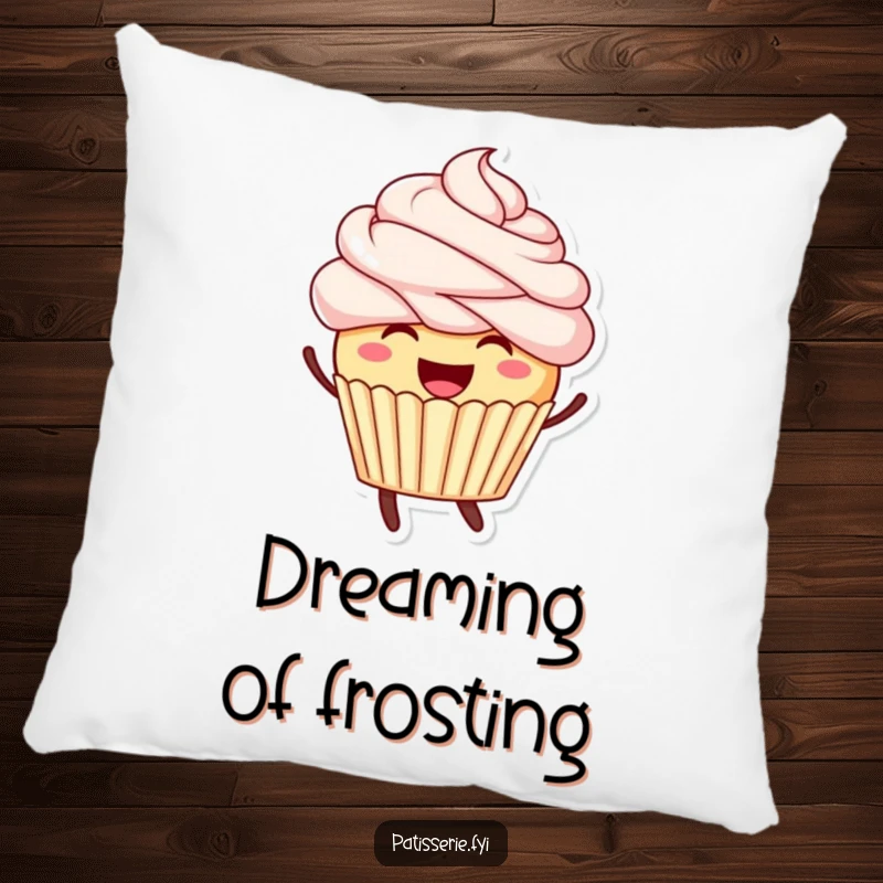 Funny decorative pillow featuring a smiling cupcake with its frosting hair styled in a joyful leap.